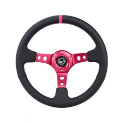 NRG Reinforced Steering Wheel 350mm/3in. Deep Black Leather/ Fushia…